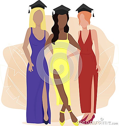 Graduation girls hugging, silhouette drawing of girls, schoolgirls, graduates, girls in graduation academic hats Stock Photo